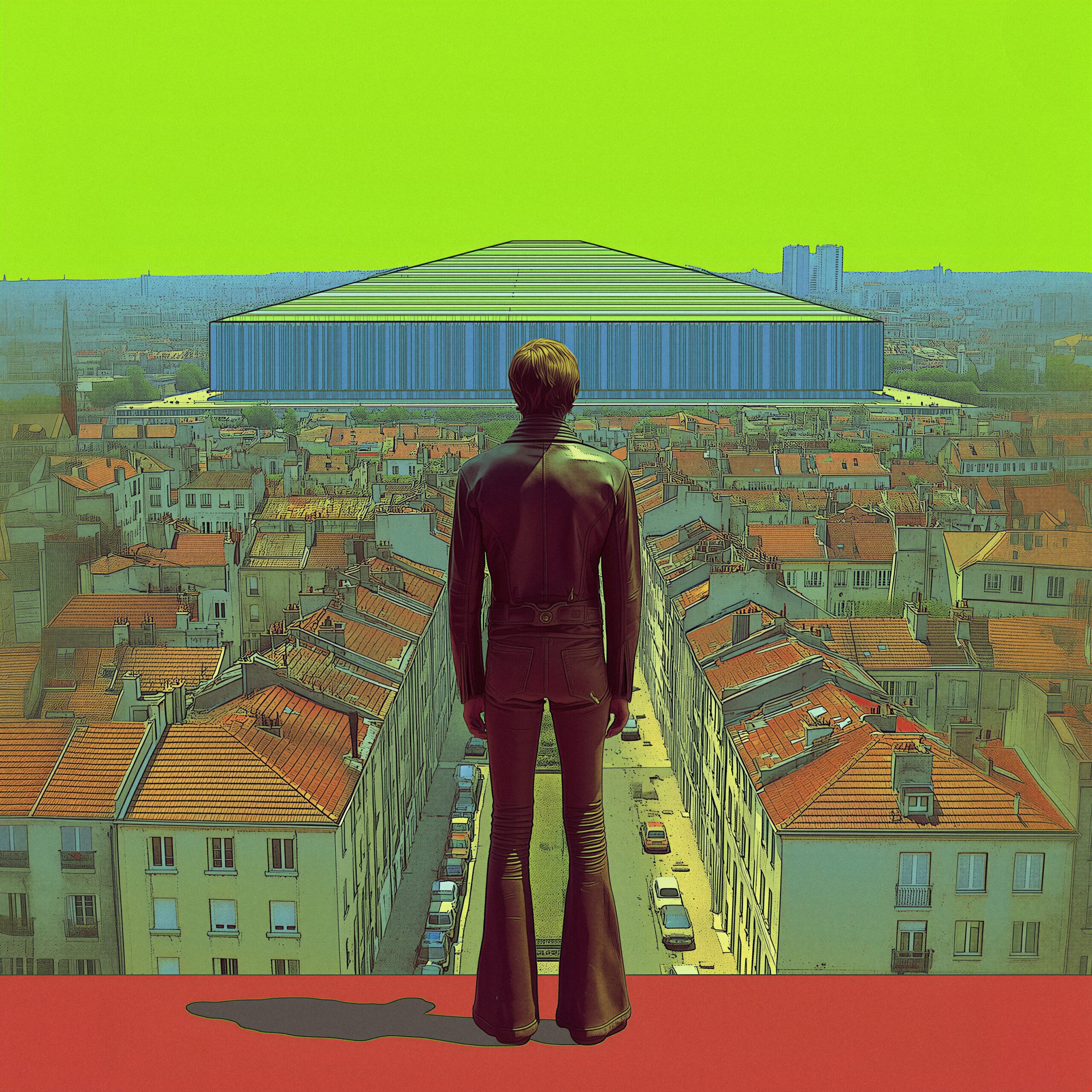 Silhouette d'un homme de dos observant une ville et un grand stade sous un ciel vert.