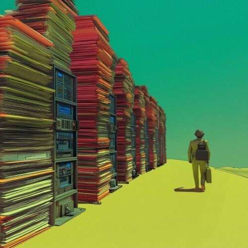 Un personnage marchant à côté d'immenses piles de livres sous un ciel turquoise.
