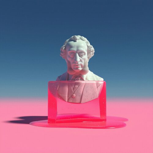 Buste en plâtre blanc partiellement emprisonné dans un cube translucide rose en train de fondre.