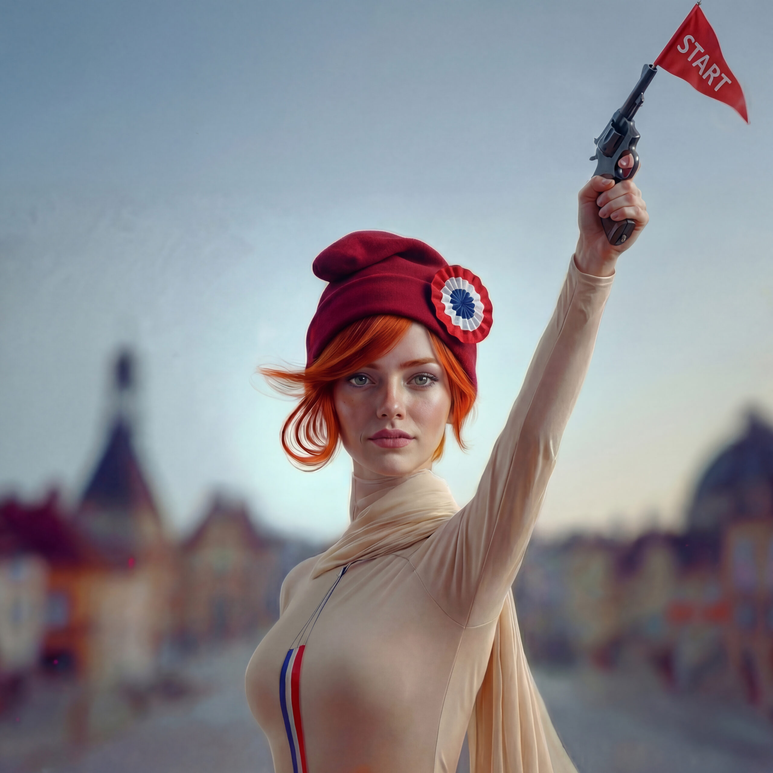 Céleste, coiffée d'un bonnet phrygien, lève un pistolet muni d'un fanion START.