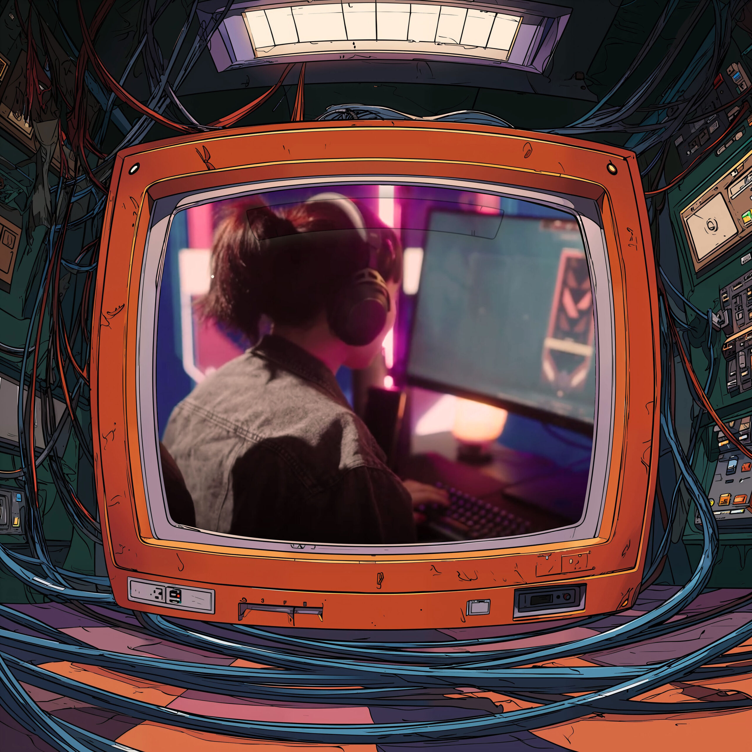 Vue à travers un moniteur vintage d'une femme travaillant sur un ordinateur portable dans une pièce futuriste.