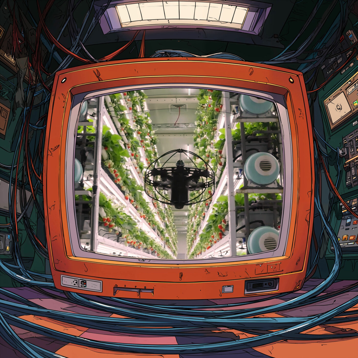 Vue à travers un moniteur vintage d'une serre hydroponique spatiale avec une silhouette centrale.