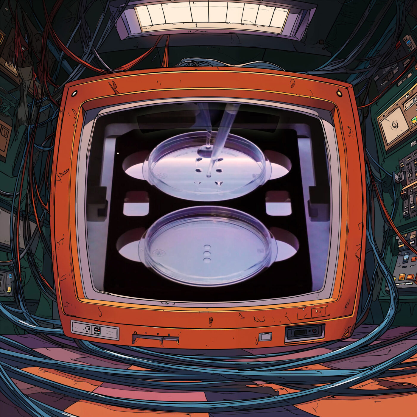 Écran orange rétro-futuriste affichant deux boîtes de Petri dans un laboratoire câblé.
