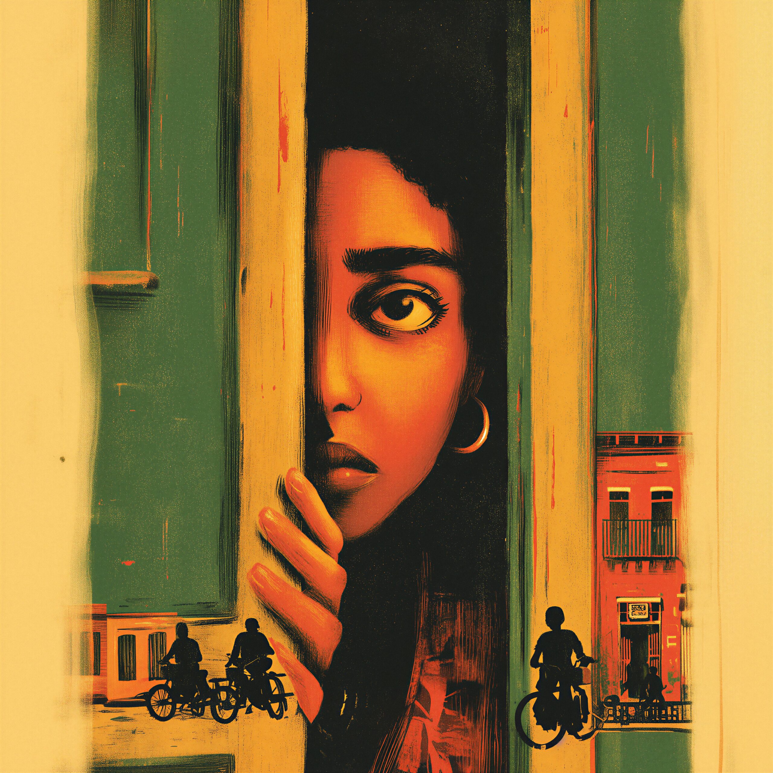Illustration d'une femme observant la rue à travers l'ouverture d'une porte en bois.
