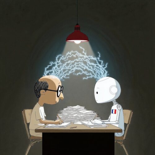 Illustration d'un homme et d'un robot assis face à face, leurs esprits reliés par des arcs électriques.