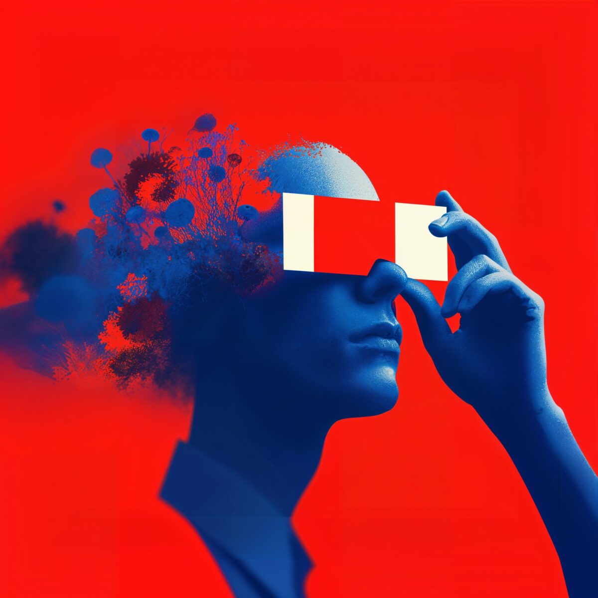 Illustration conceptuelle d'une silhouette bleue portant une bande rectangulaire devant ses yeux sur un fond rouge intense.