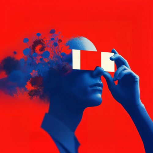 Illustration conceptuelle d'une silhouette bleue portant une bande rectangulaire devant ses yeux sur un fond rouge intense.