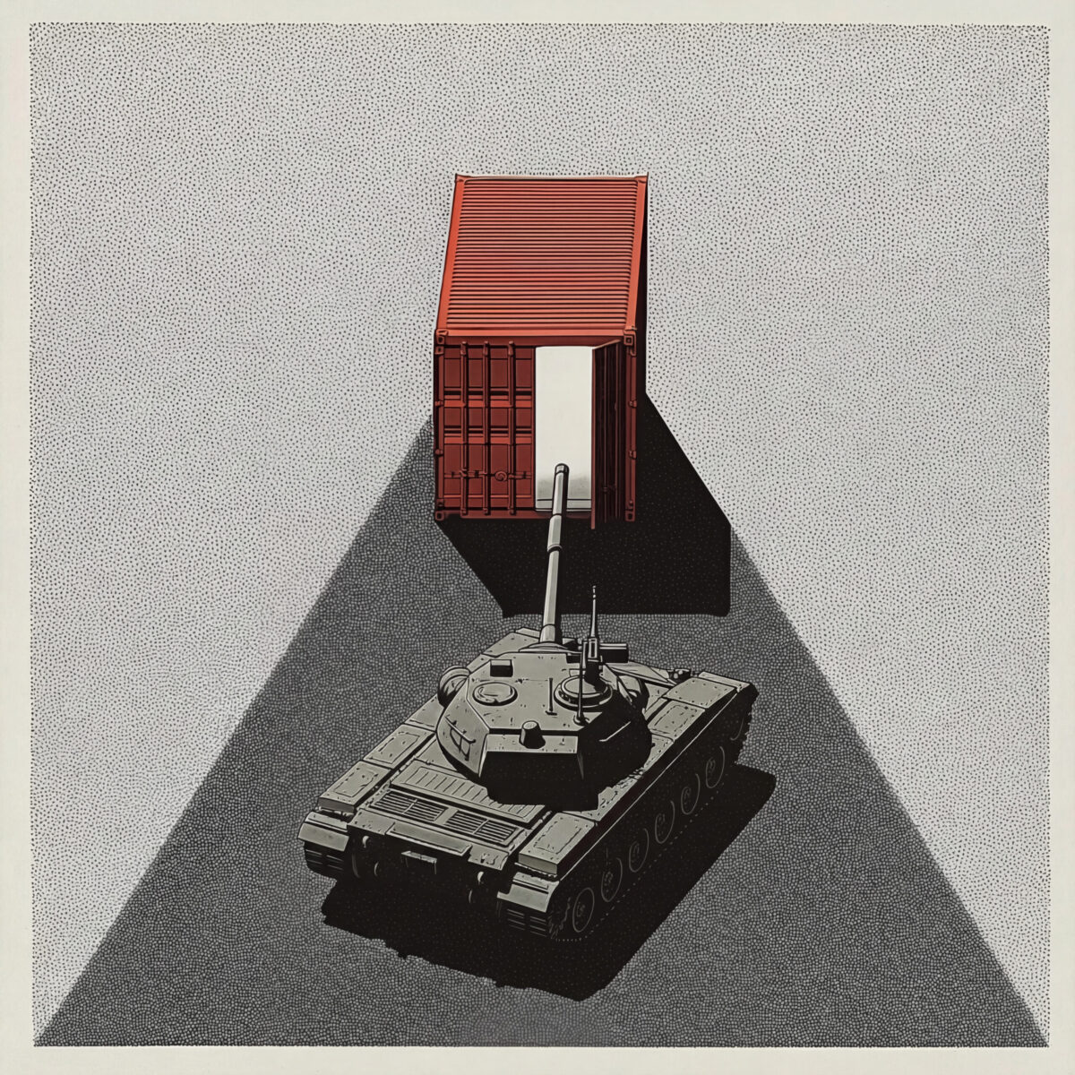 Illustration d'un char militaire visant l'ouverture éclairée d'un conteneur rouge.