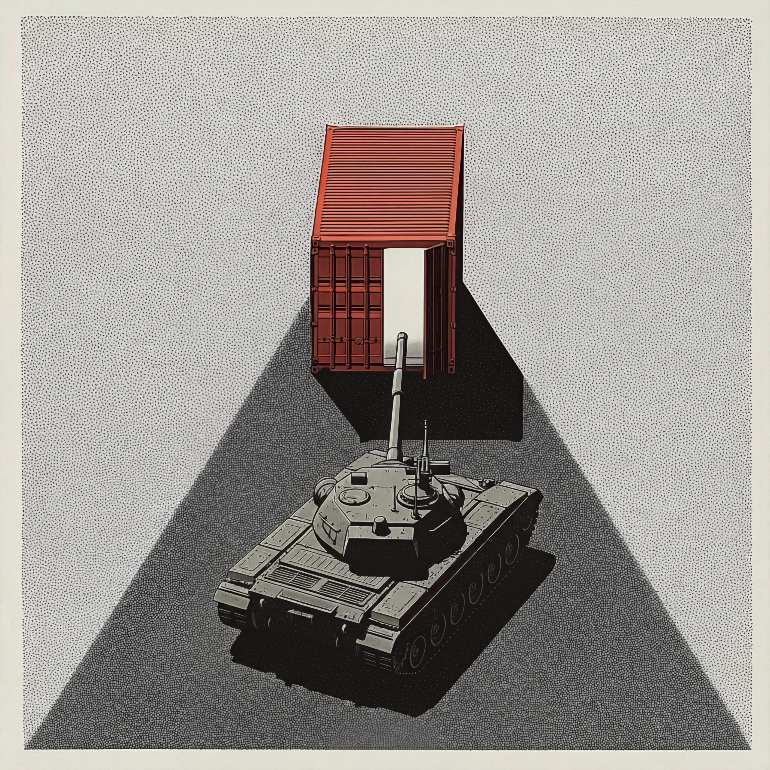 Illustration d'un char militaire visant l'ouverture éclairée d'un conteneur rouge.