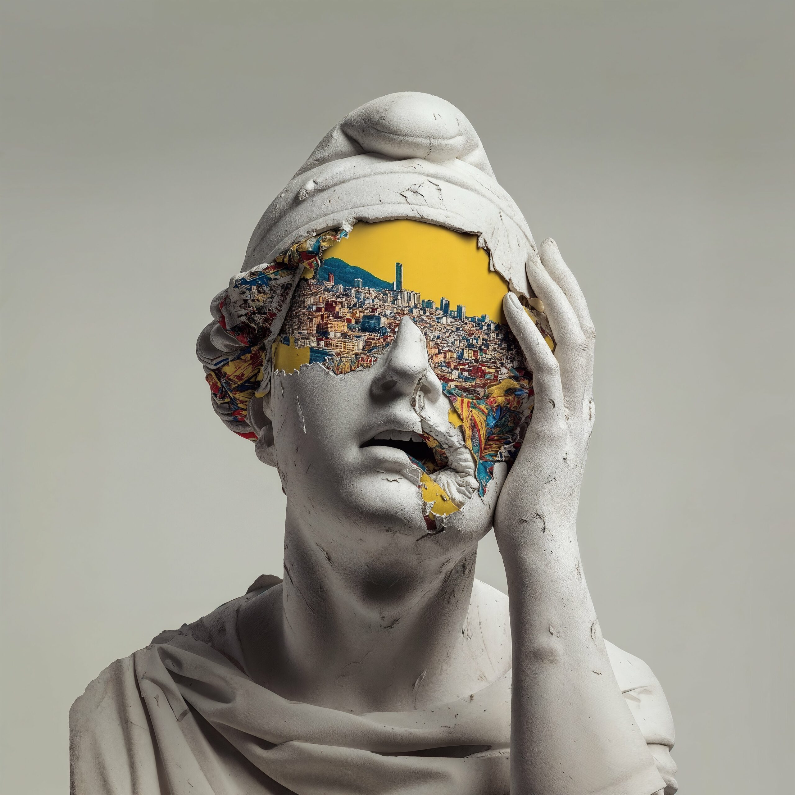 Statue classique en marbre dont le visage brisé laisse apparaître une illustration colorée de plage animée sous un ciel jaune.