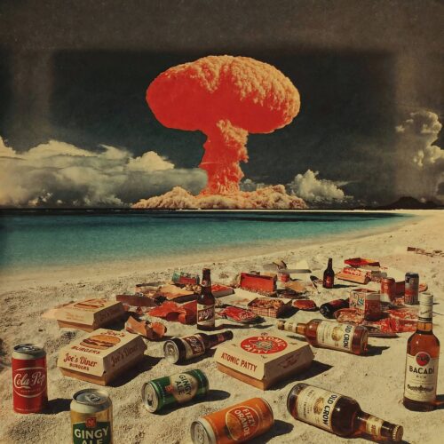 Un reste de pique-nique avec des boîtes de pizza et canettes abandonnées sur une plage face à un champignon nucléaire.
