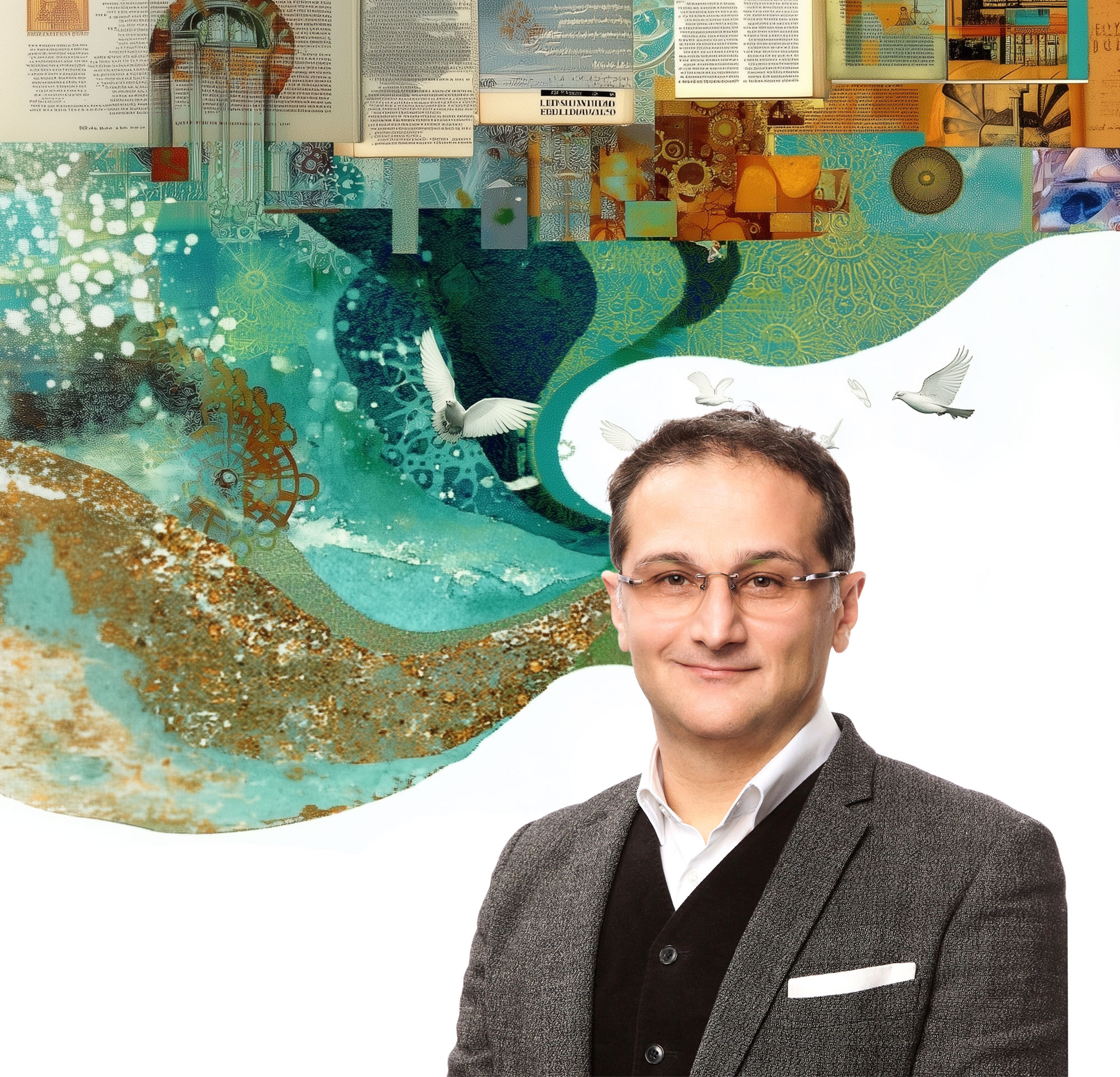 Homme à lunettes souriant devant une illustration abstraite aux nuances turquoise.