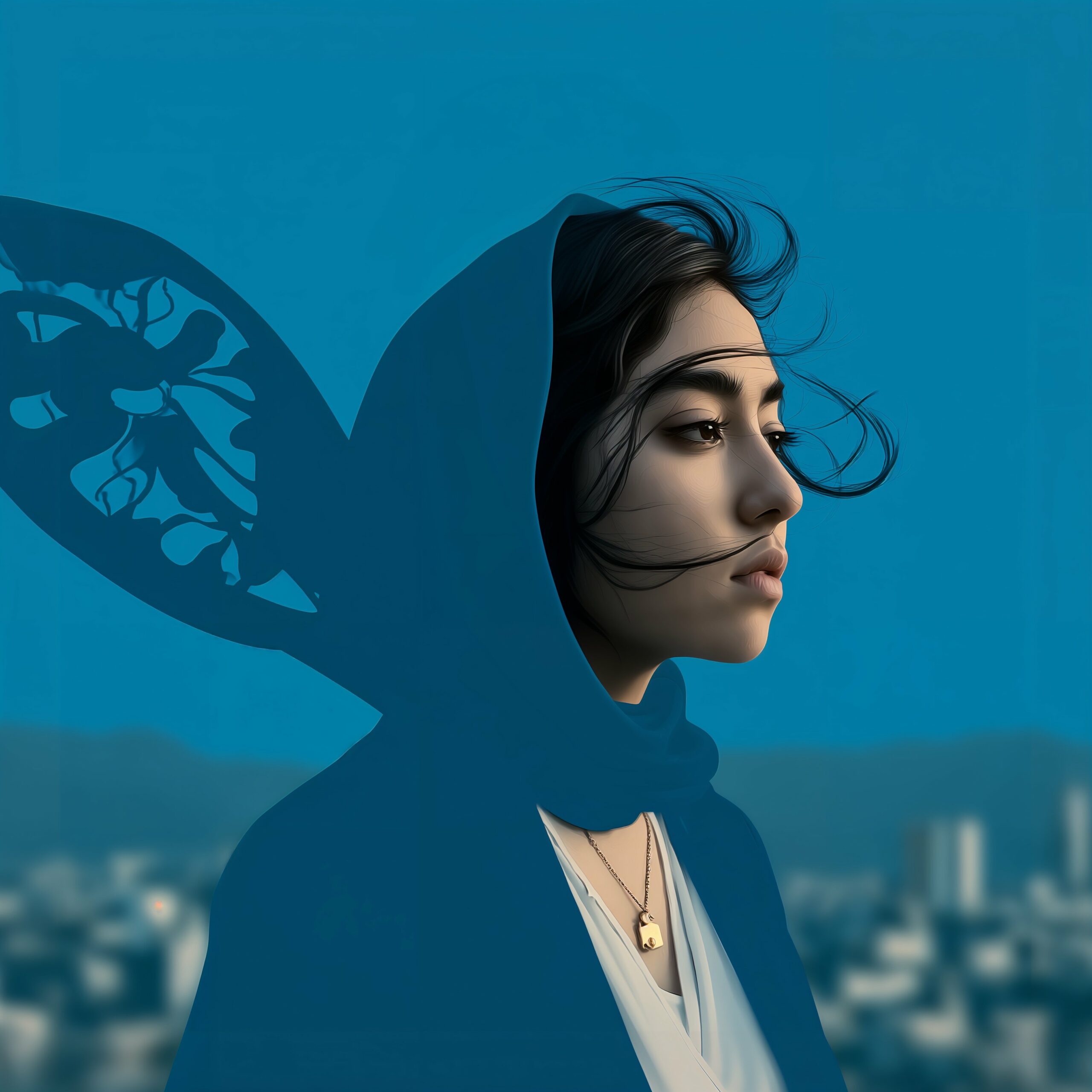 Portrait de profil d'une jeune femme aux cheveux sombres portant un voile bleu qui s'évase en forme d'aile de papillon.
