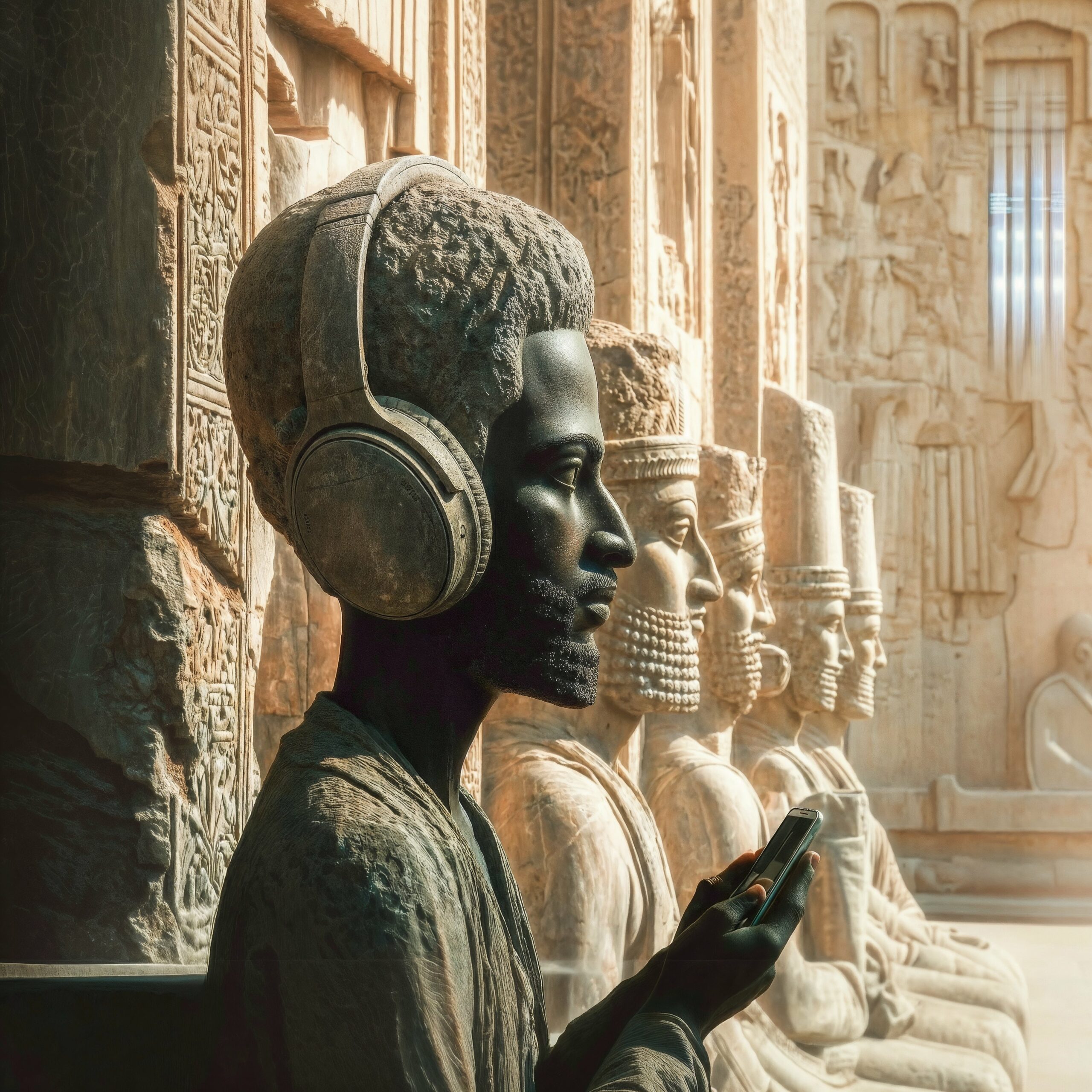 Profil d'une statue sombre portant un casque audio moderne dans un temple antique sculpté.
