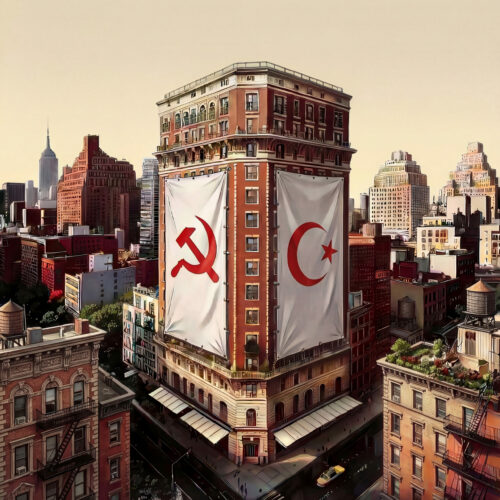 Bâtiment d'angle de style new-yorkais arborant de grands drapeaux avec la faucille et le marteau et le croissant turc.