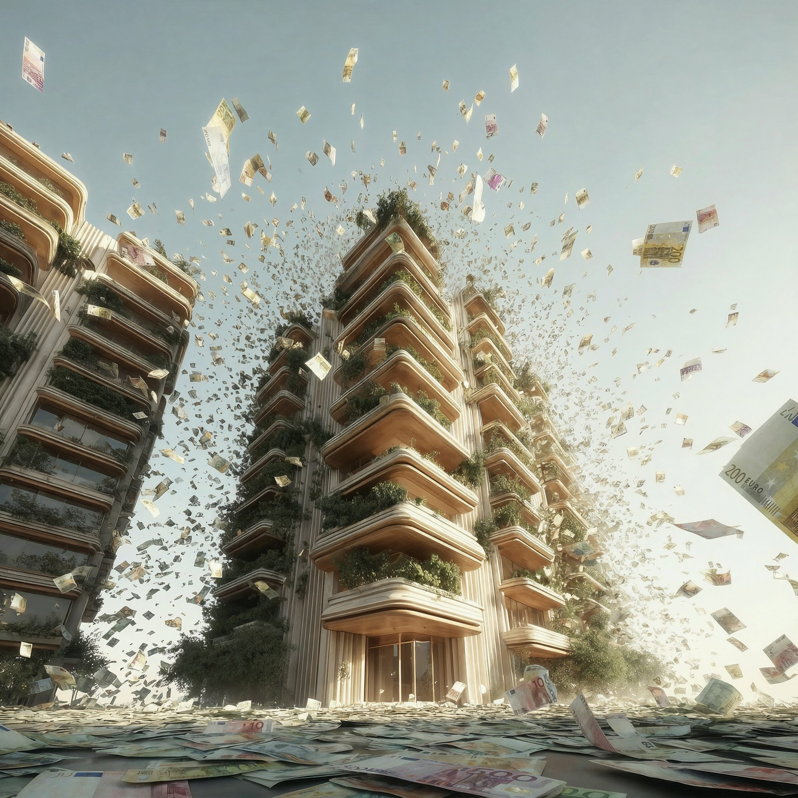 Immeuble moderne entouré d'une pluie de billets de banque et de papiers volants.