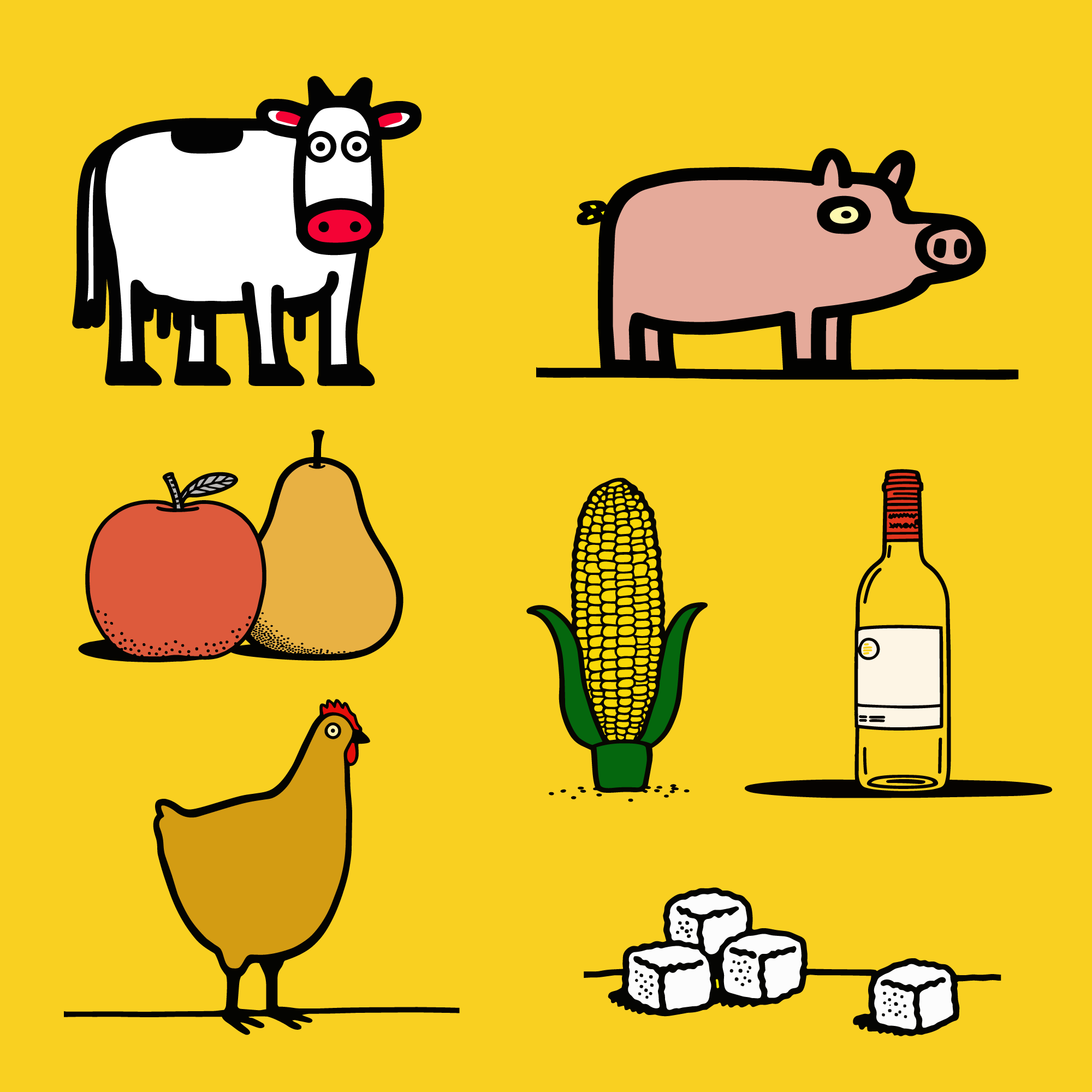 Illustrations de style dessin animé d'animaux de ferme et de produits agricoles sur fond jaune.