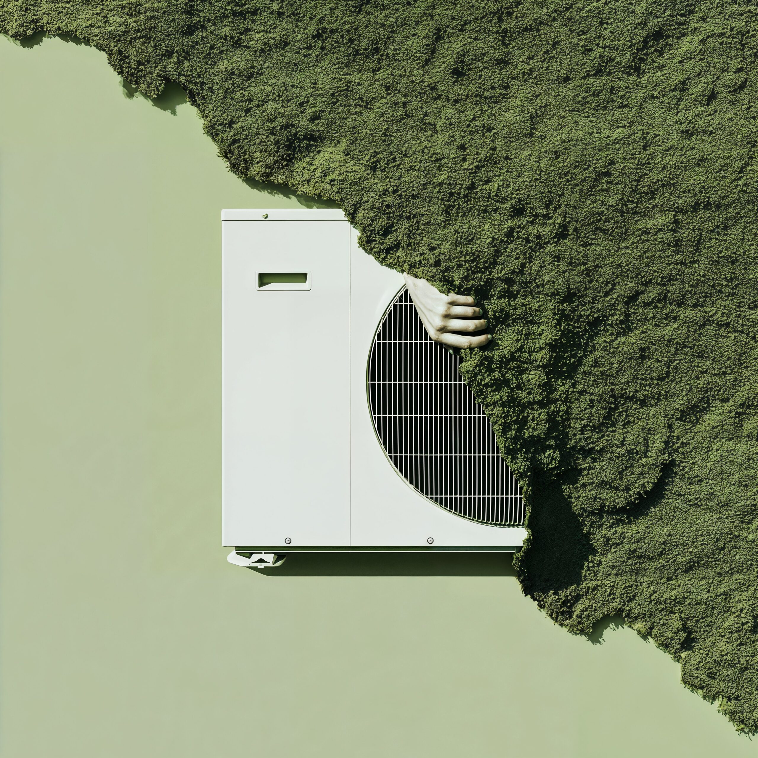 Vue aérienne d'une architecture moderne blanche intégrée entre une forêt dense et de l'eau calme.