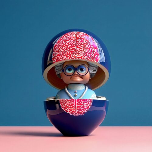 Poupée gigogne en forme de femme âgée à lunettes dans une coque bleue ouverte.