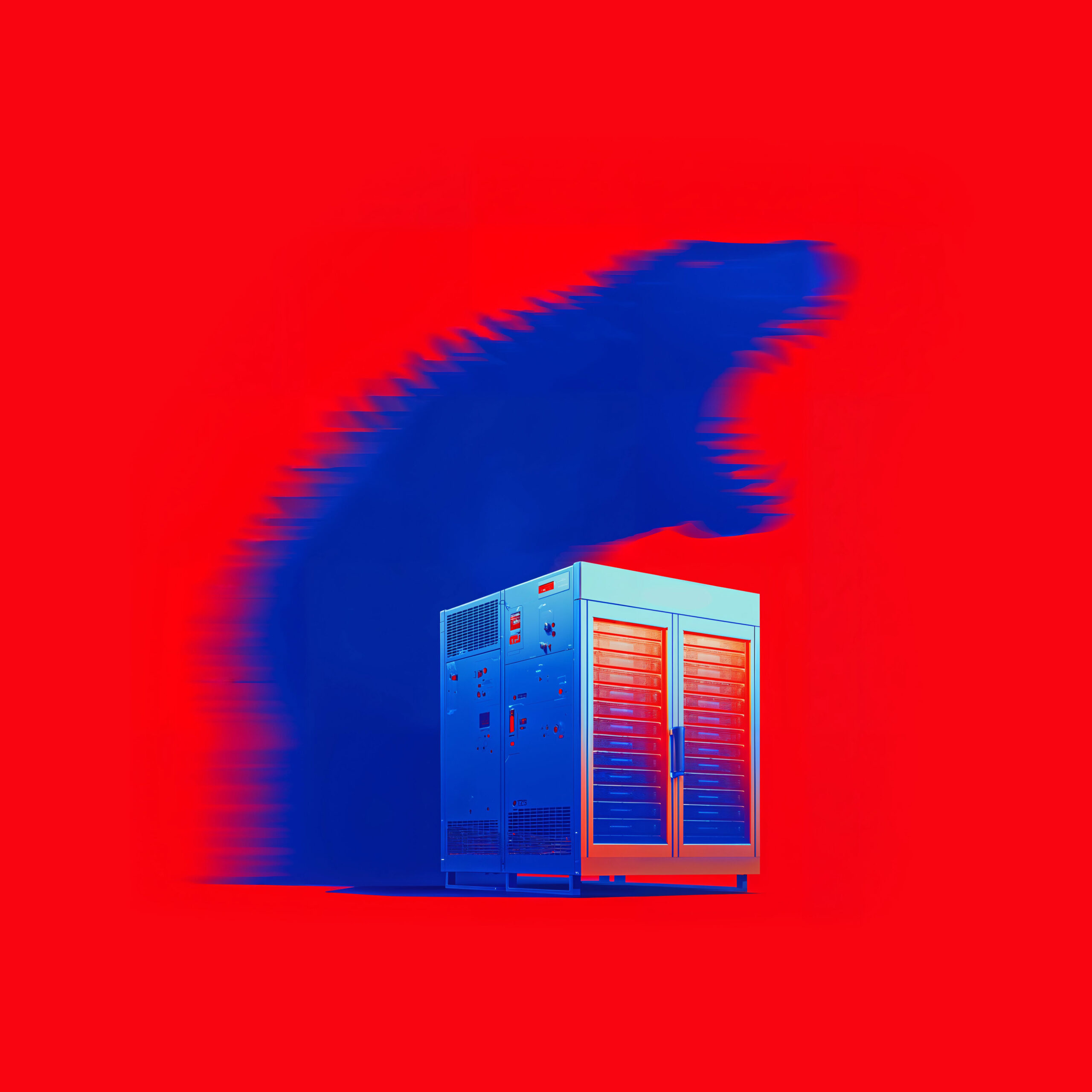 Serveur informatique projetant une ombre bleue en forme de monstre géant sur un fond rouge vif.