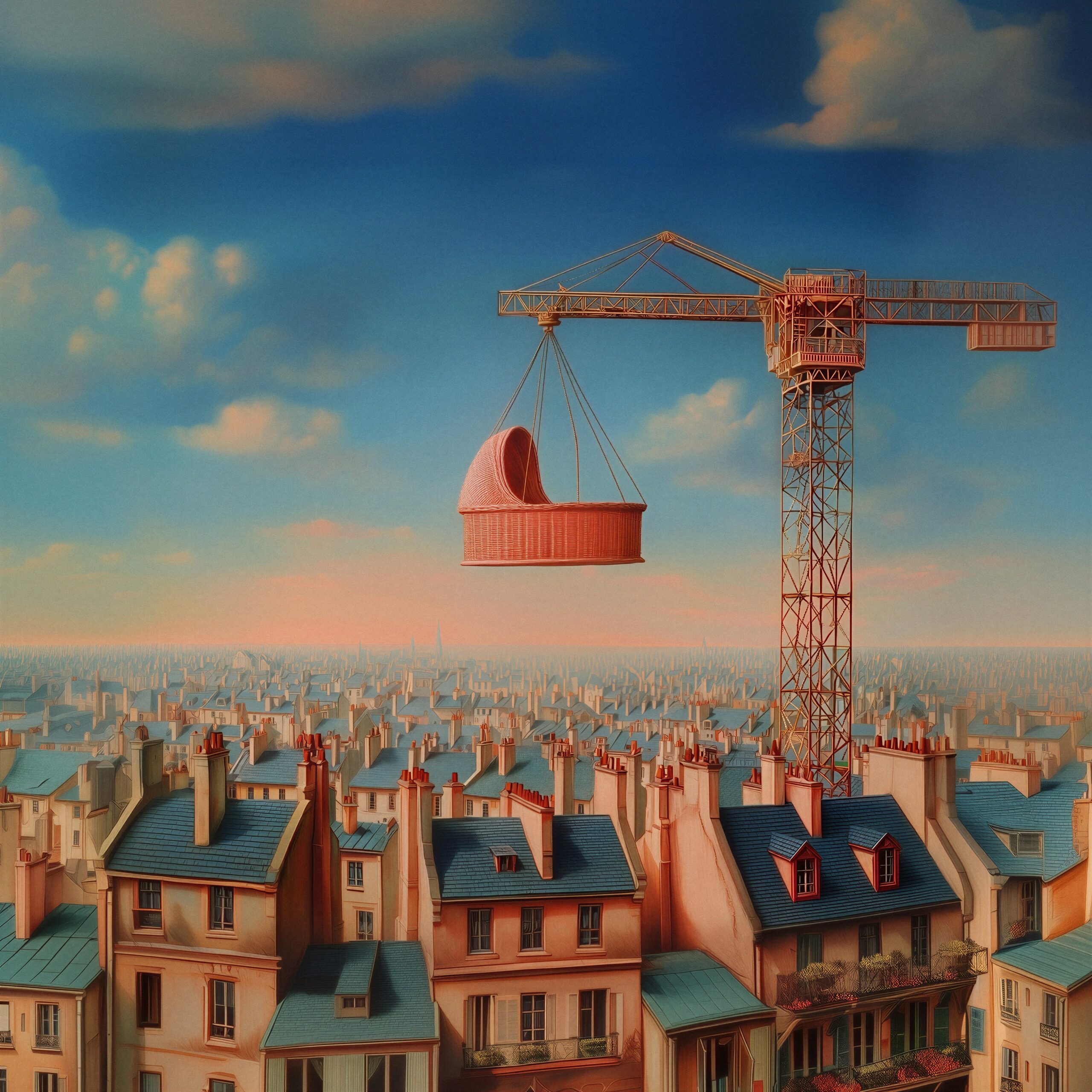 Une grue de chantier suspend un berceau rouge au-dessus des toits d'une ville.