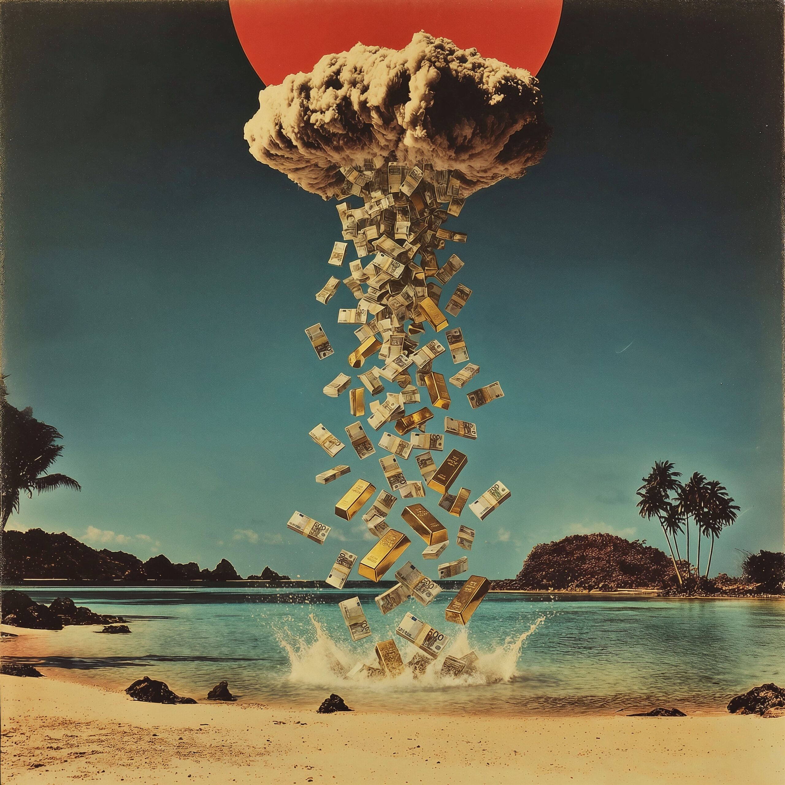 Collage surréaliste représentant un nuage atomique déversant des canettes métalliques dans une baie tropicale sous un soleil rouge.