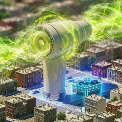 Grande turbine futuriste émettant des flux d'énergie verte au-dessus d'un quartier urbain.
