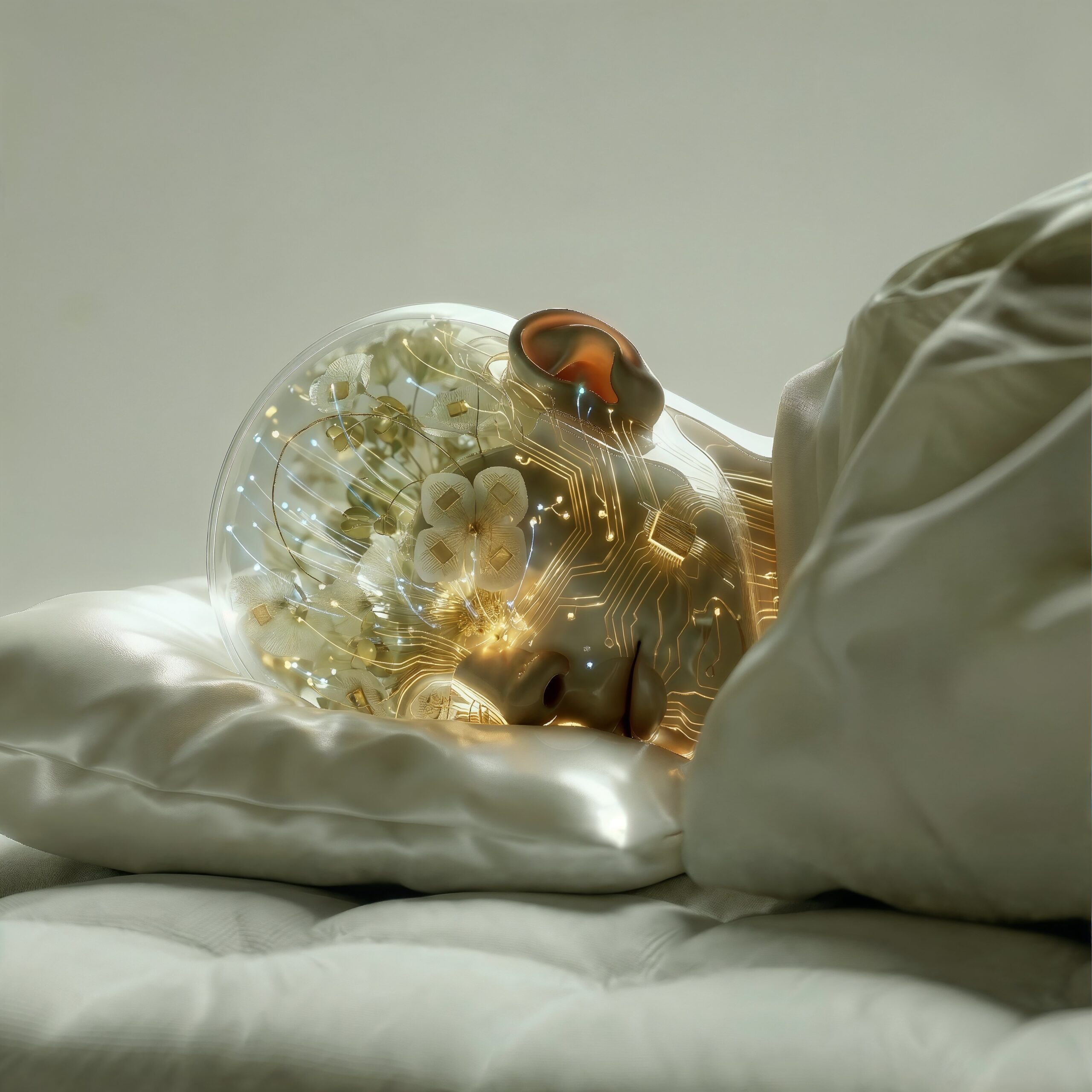 Céleste endormie la tête protégée par une sphère transparente remplie de fleurs blanches.