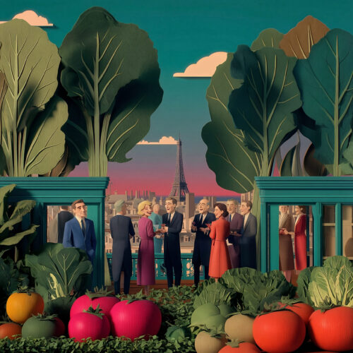 Illustration surréaliste d'un potager géant avec des légumes au premier plan et des personnages élégants devant la tour Eiffel.