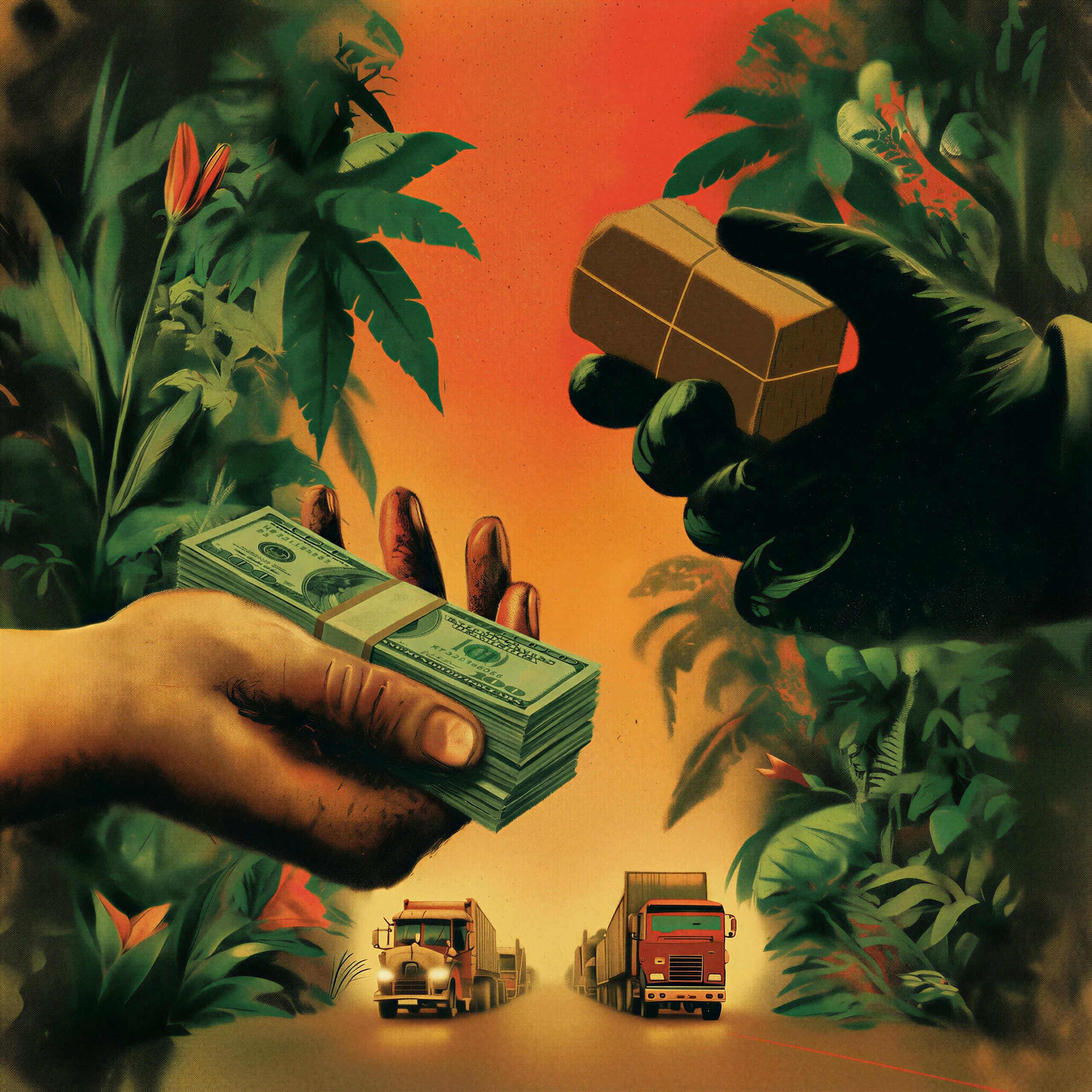 Échange clandestin de liasses de dollars contre des marchandises en pleine jungle.