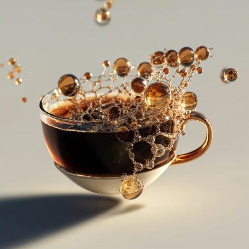 Tasse de café entourée de bulles dorées et de structures moléculaires flottantes.