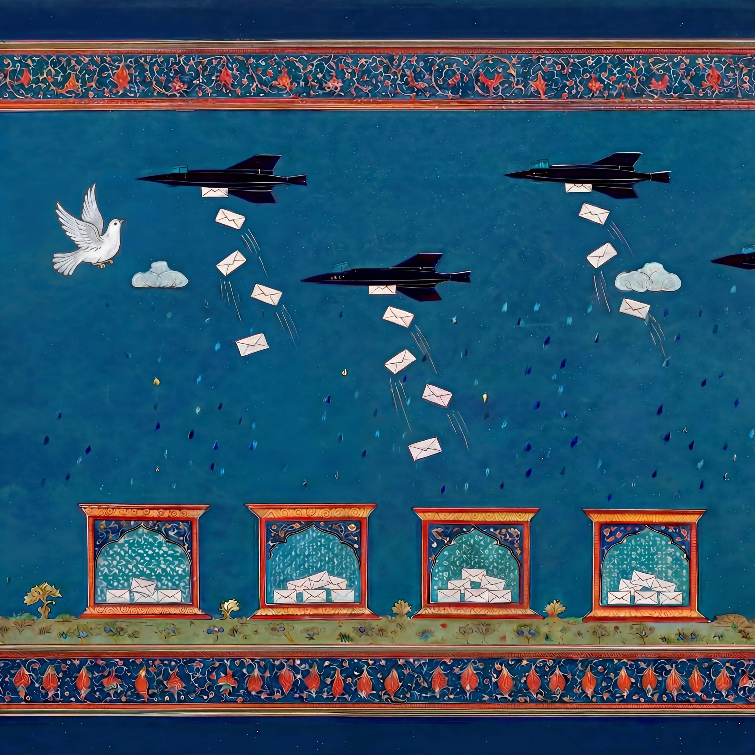 Miniature de style oriental montrant des avions de chasse larguant des lettres au-dessus de bâtiments traditionnels.
