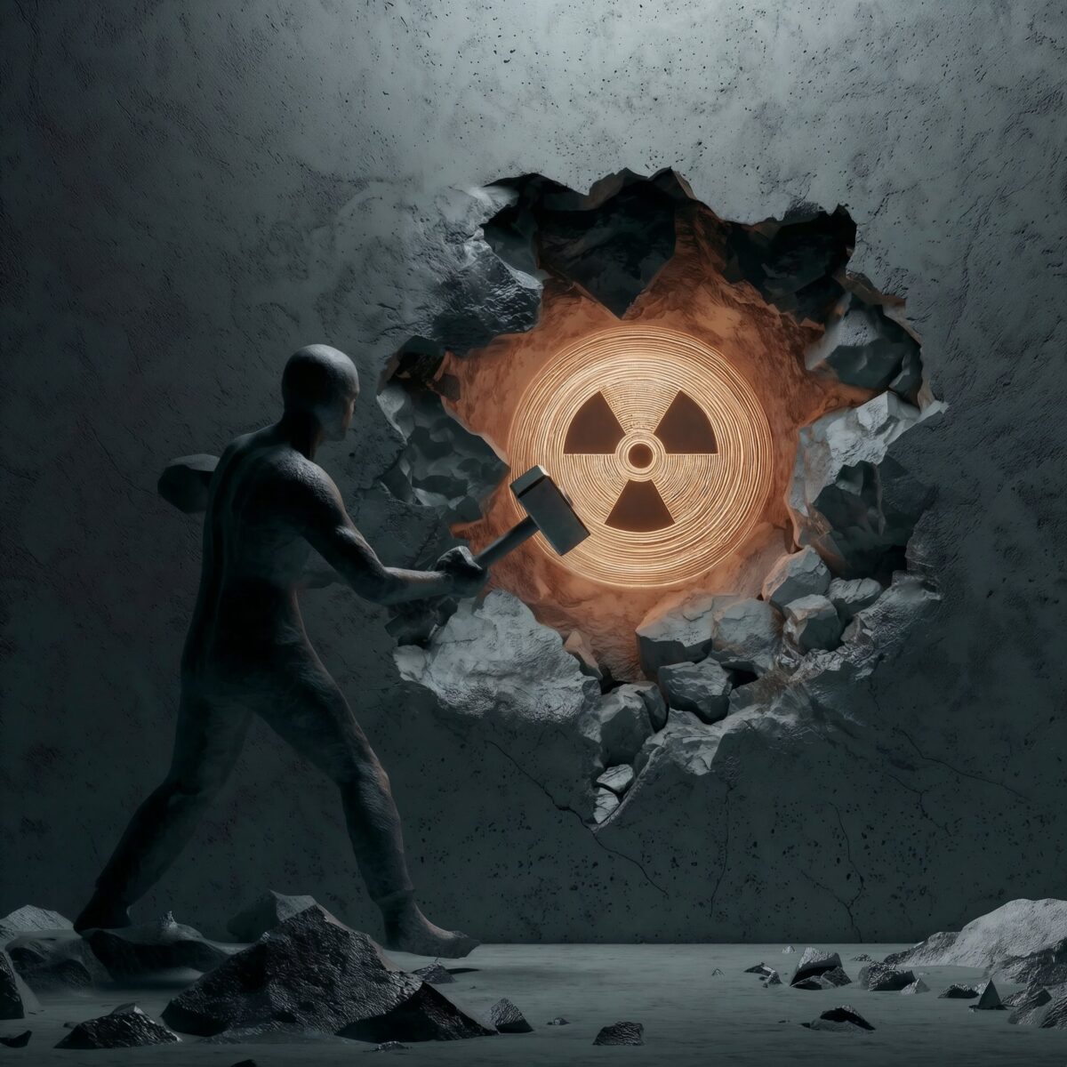 Une silhouette sombre brise un mur de béton avec une masse, révélant un symbole radioactif lumineux.