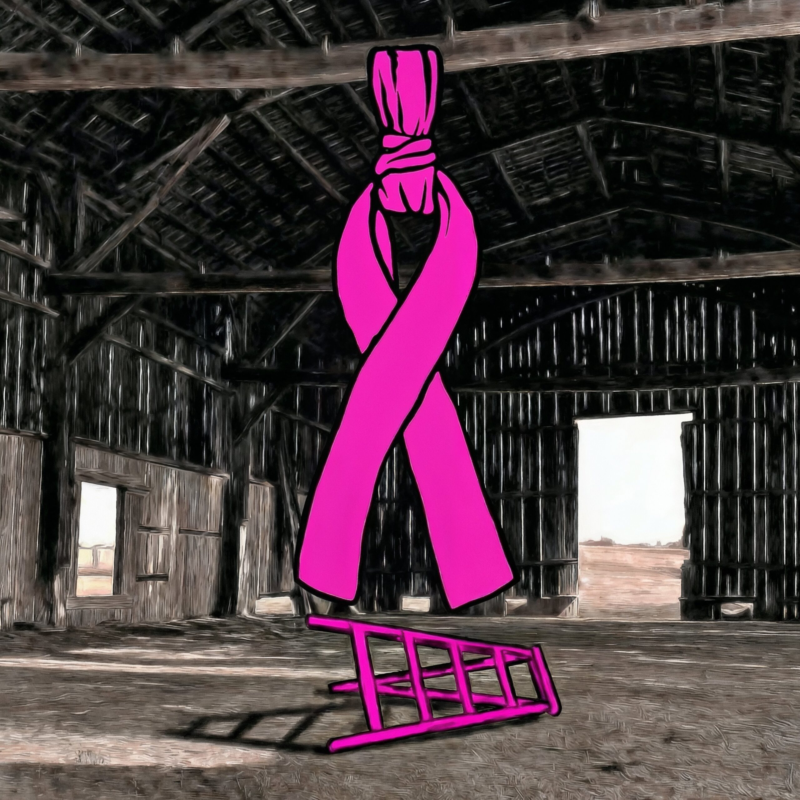 Ruban rose noué en forme de pendu au-dessus d'une chaise renversée dans un bâtiment abandonné.