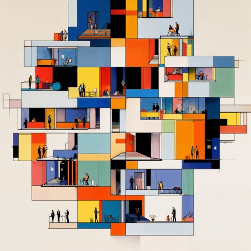 Illustration géométrique et colorée d'un immeuble modulaire composé de pièces rectangulaires animées par des silhouettes.