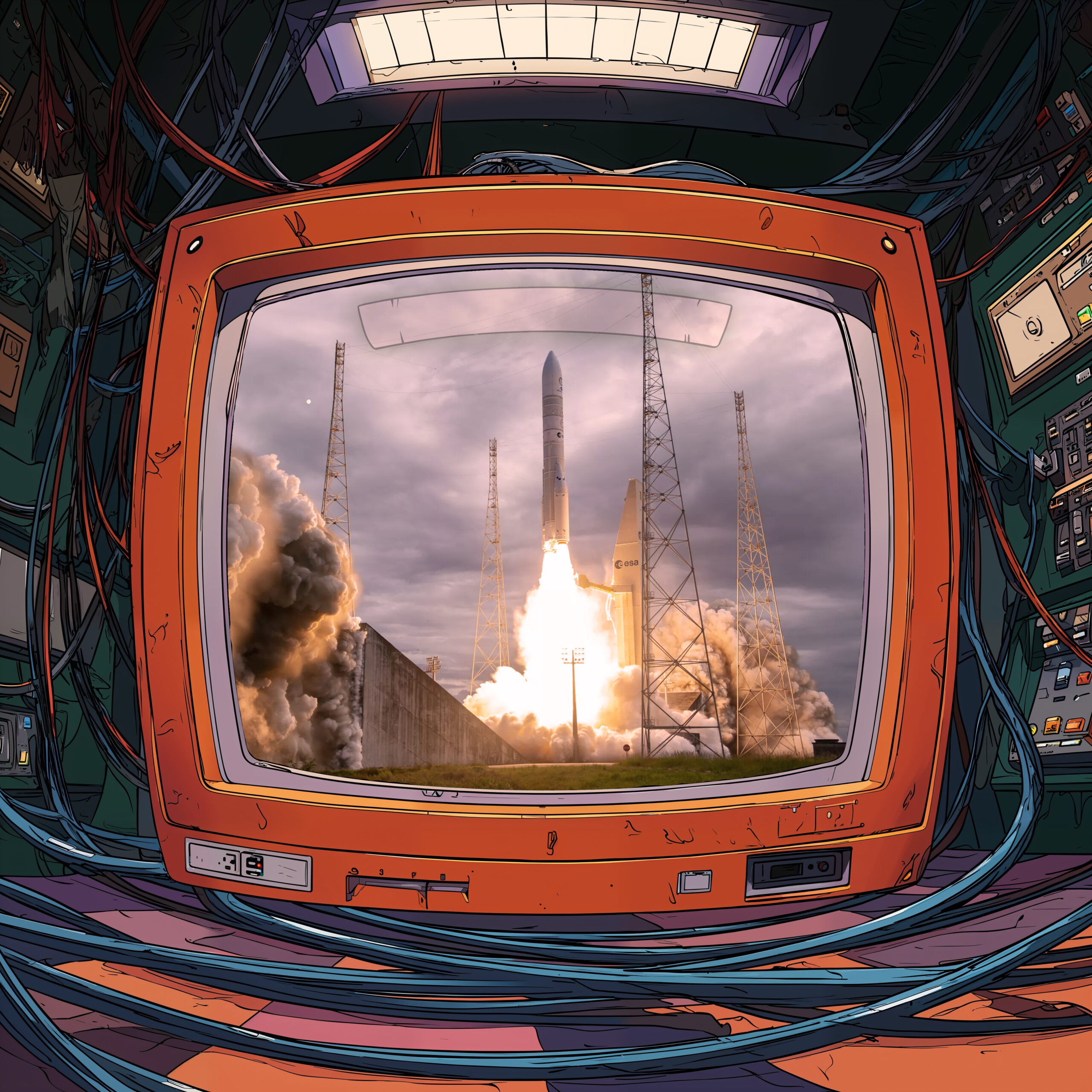Lancement d'une fusée spatiale retransmis sur l'écran d'un ancien téléviseur orange entouré de câbles.