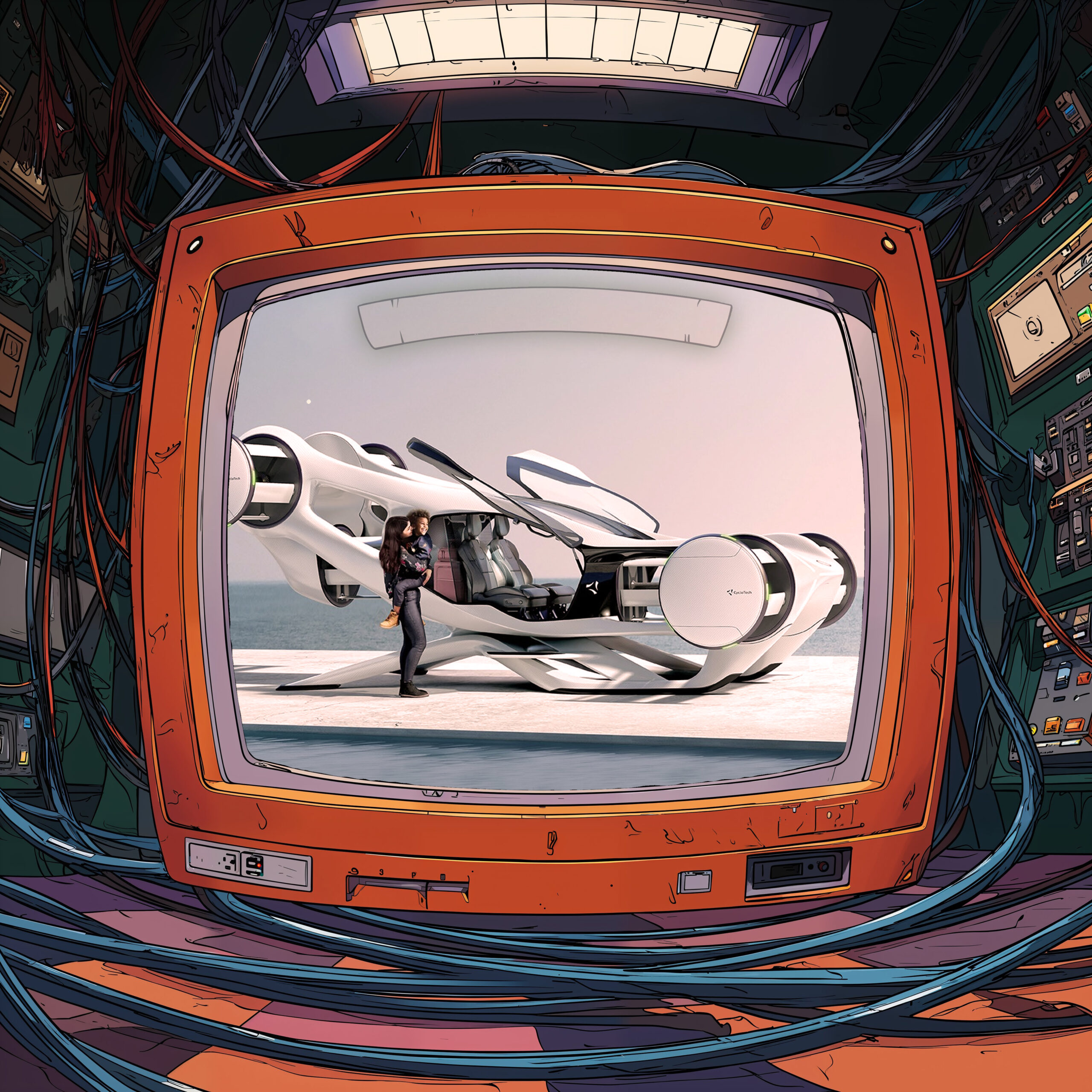 Téléviseur rétro affichant un véhicule futuriste blanc au milieu de câbles complexes.