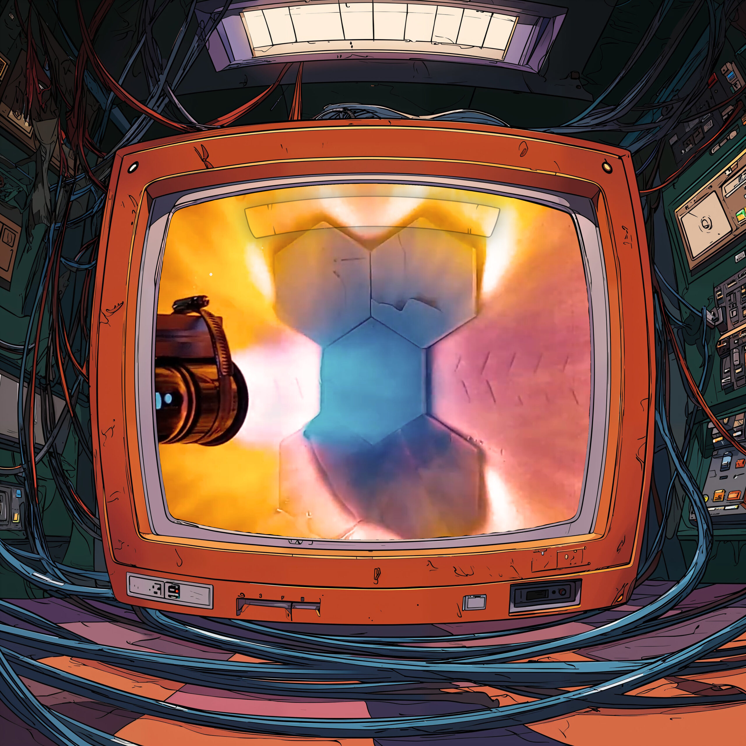 Écran de télévision rétro orange affichant une vue à la première personne d'un paysage cosmique lumineux.