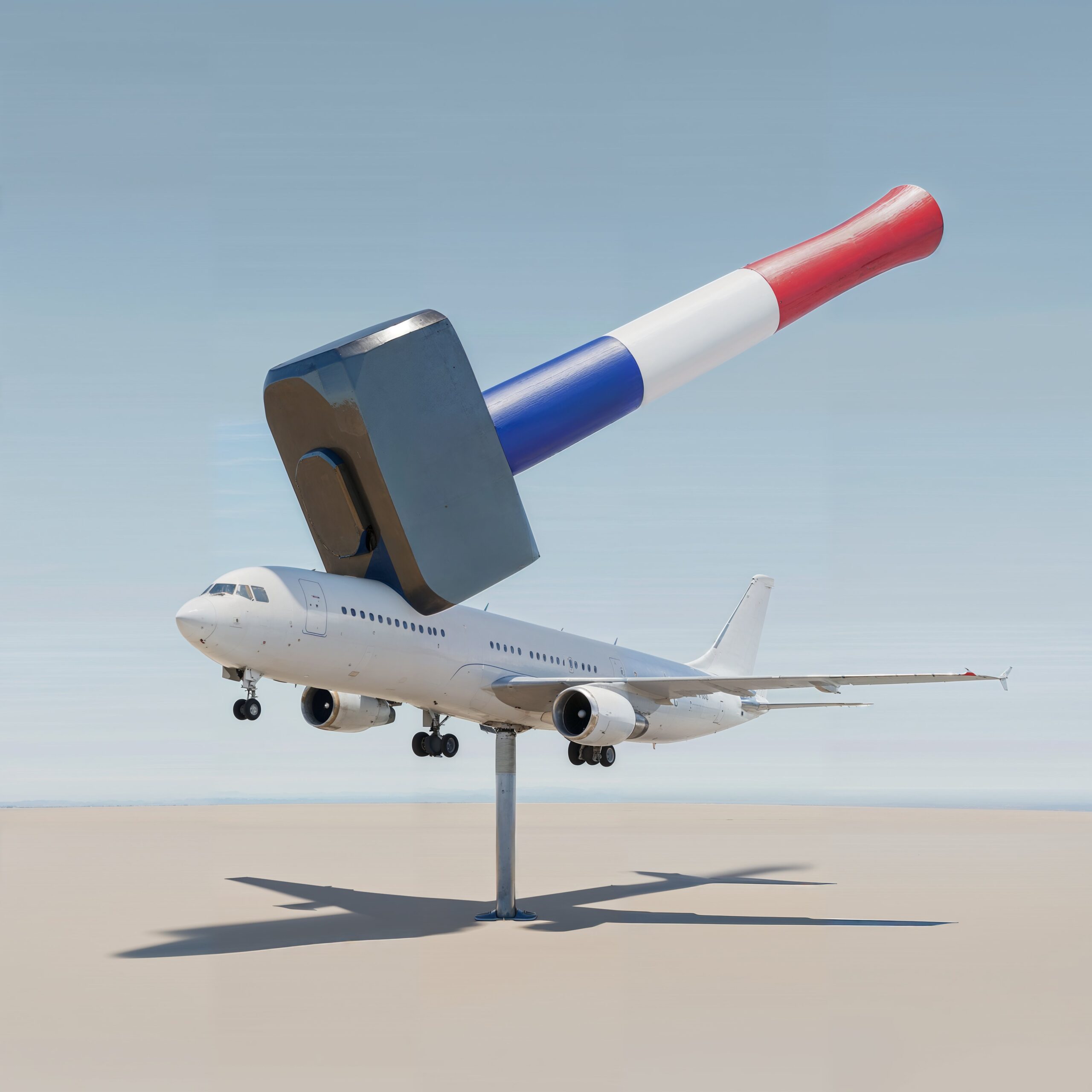 Un cadenas géant tricolore s'abattant sur un avion de ligne.