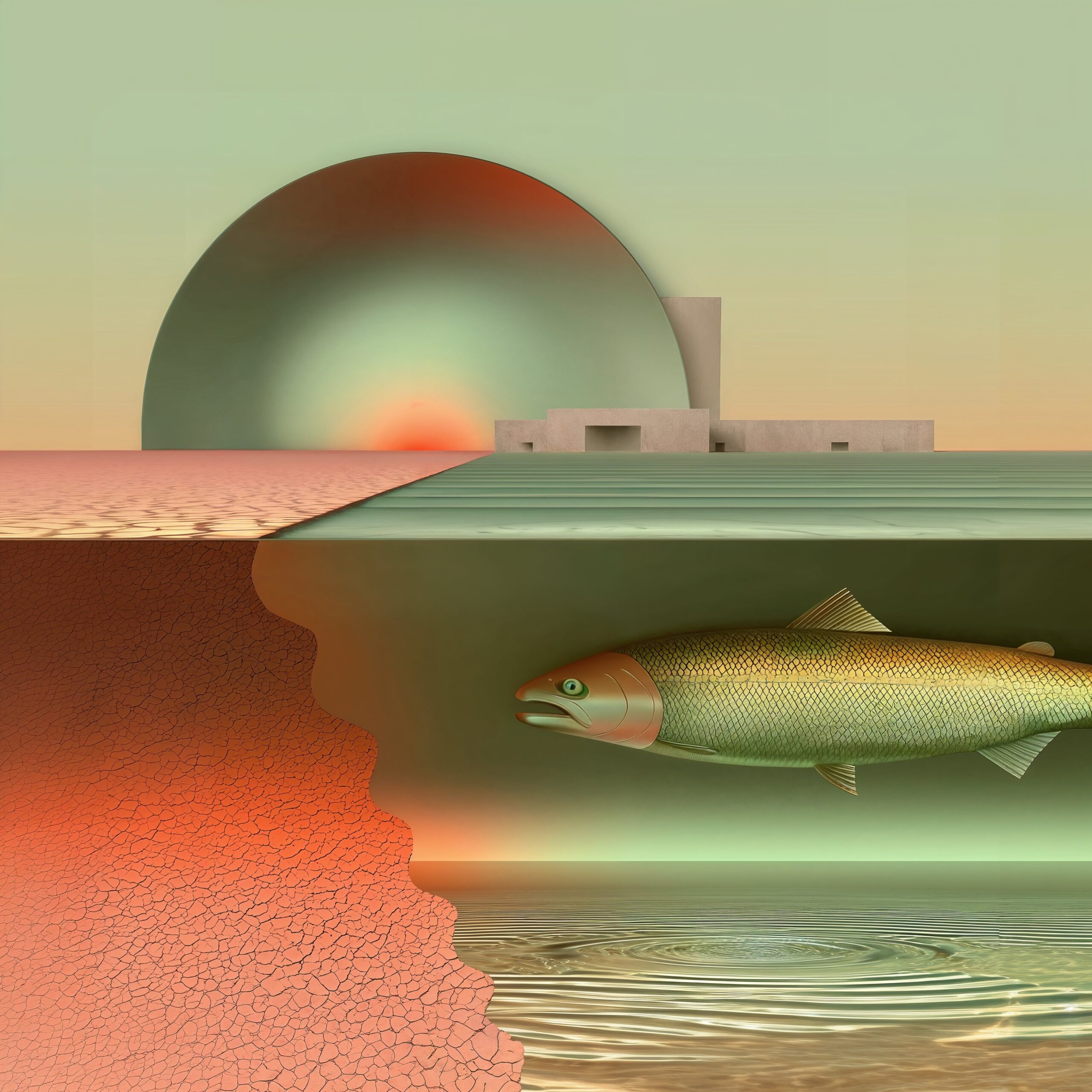 Illustration surréaliste d'un poisson nageant sous l'eau près d'une centrale nucléaire au soleil couchant.
