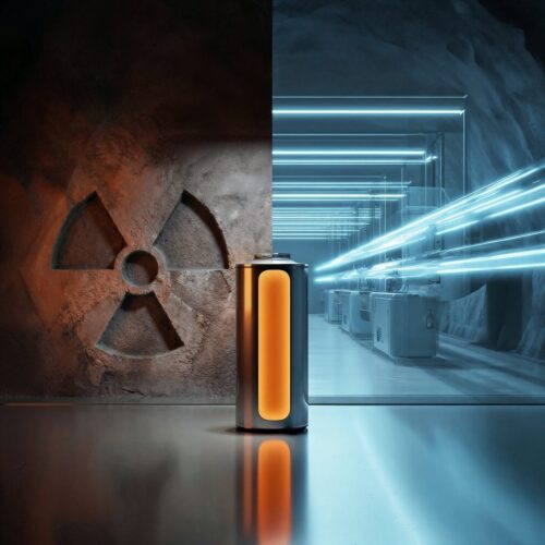 Une pile futuriste lumineuse placée entre un mur sombre marqué d'un symbole radioactif et un couloir technologique bleu.