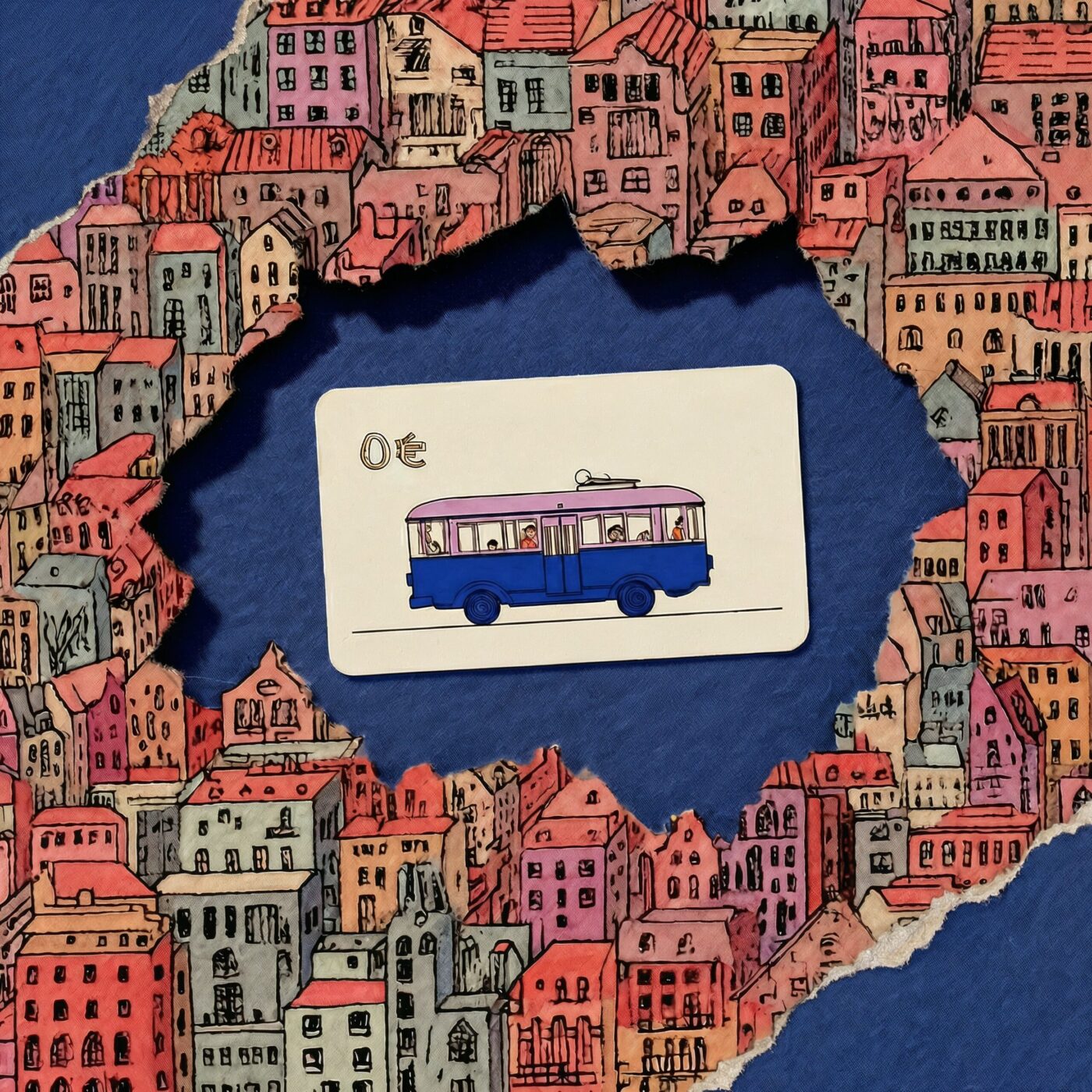 Illustration en collage d'un bus bleu miniature entouré d'un décor de maisons colorées.