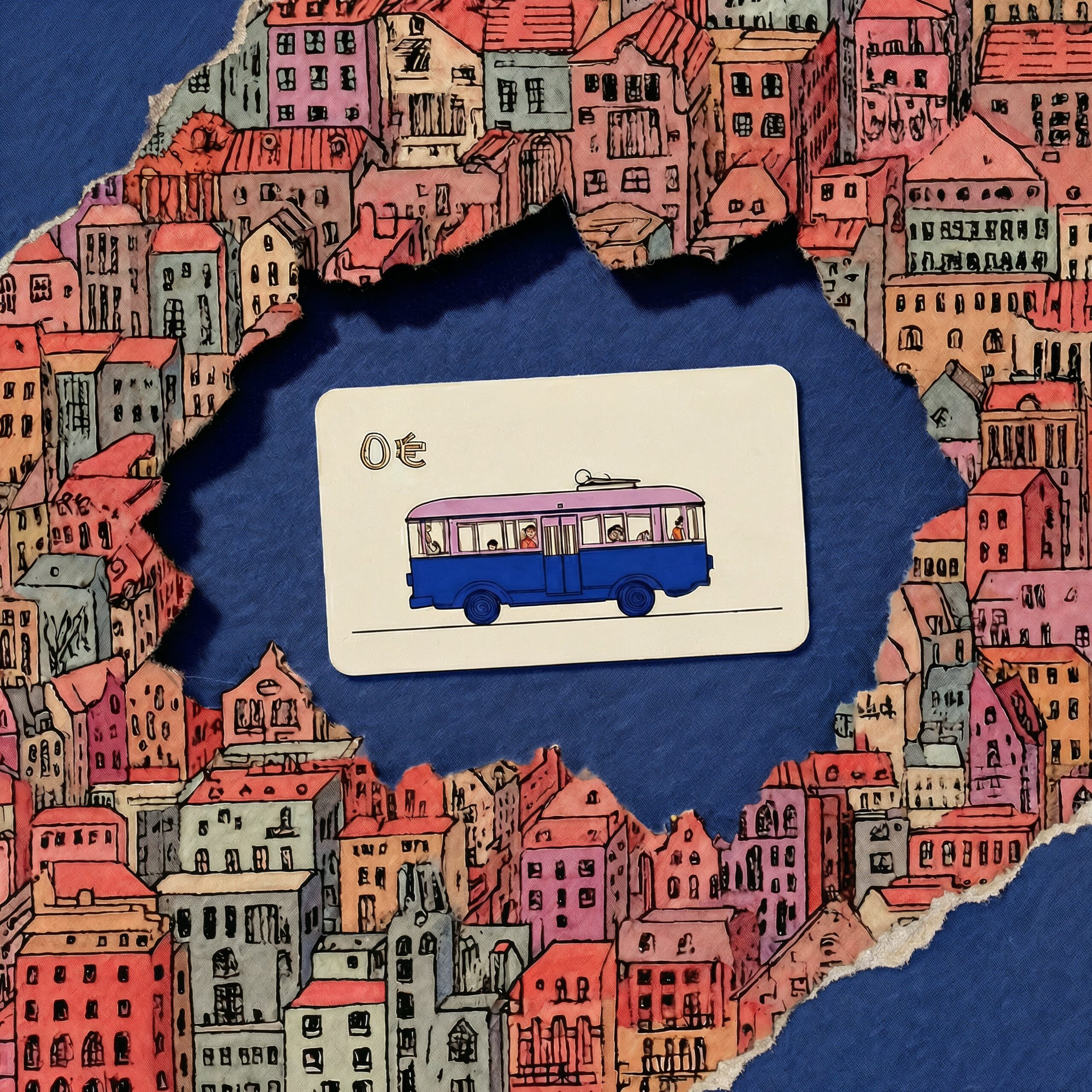 Illustration en collage d'un bus bleu miniature entouré d'un décor de maisons colorées.