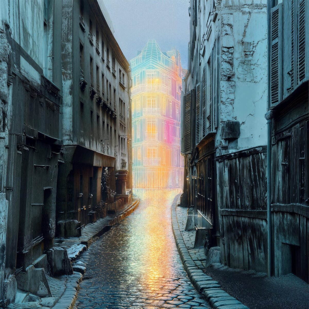 Ruelle étroite entourée de vieux bâtiments avec une lumière multicolore et féerique au fond du passage.