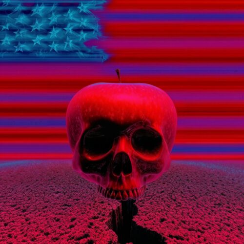 Illustration surréaliste d'un crâne rouge stylisé devant un drapeau américain aux couleurs fluo.
