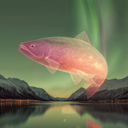 Un poisson rose translucide flottant dans un ciel nocturne au-dessus d'un lac entouré de montagnes et d'une aurore boréale.