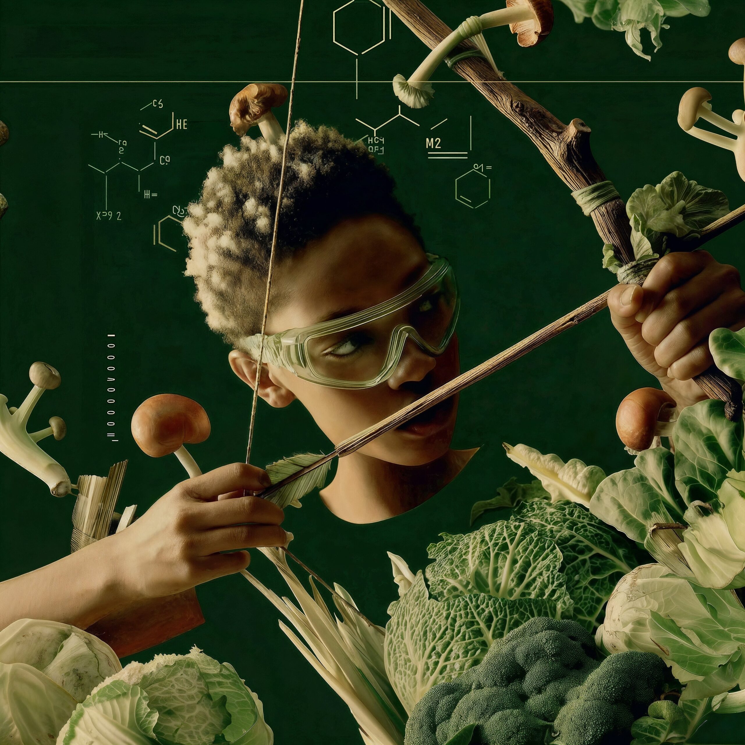 Une personne portant des lunettes de protection vise avec un arc végétal entourée de légumes.