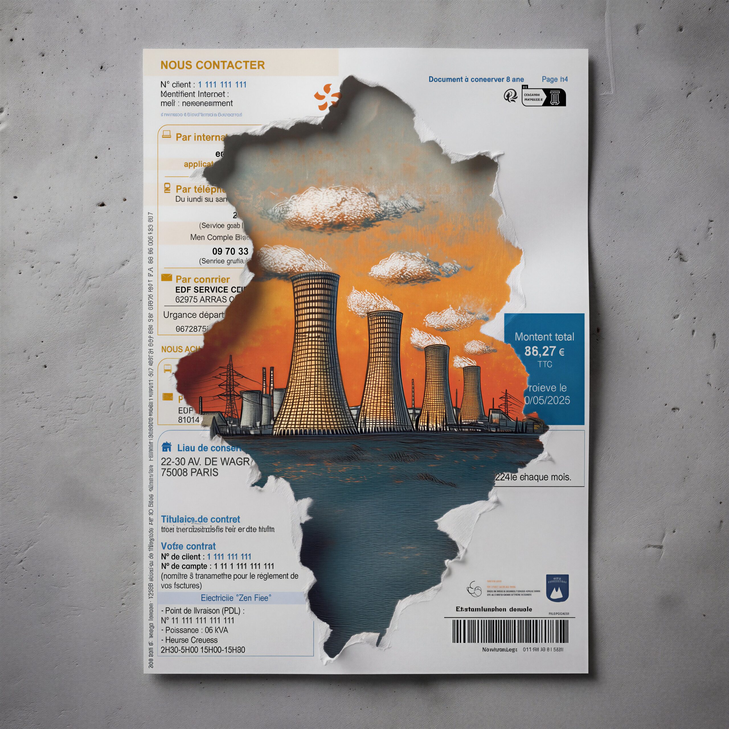 Infographie sur le bilan énergétique présentant des tours de centrale nucléaire à travers une silhouette découpée.