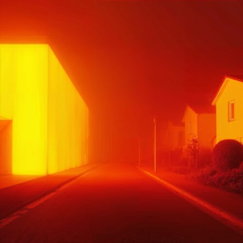 Rue résidentielle nocturne baignée d'une lumière rouge et jaune incandescente.