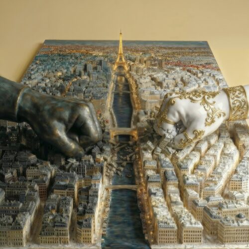 Une maquette en relief de Paris traversée par la Seine où deux mains géantes manipulent les bâtiments.